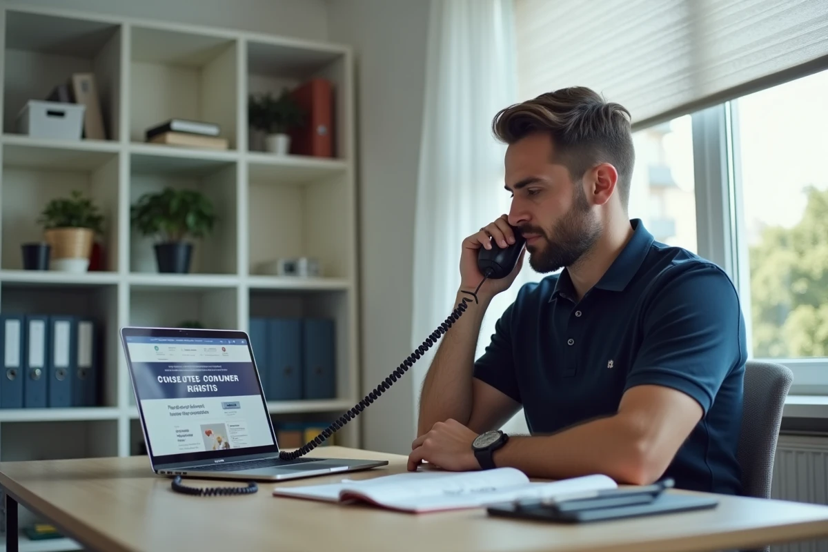Homme appelant le service client depuis un bureau à domicile pour un litige Uber Eats