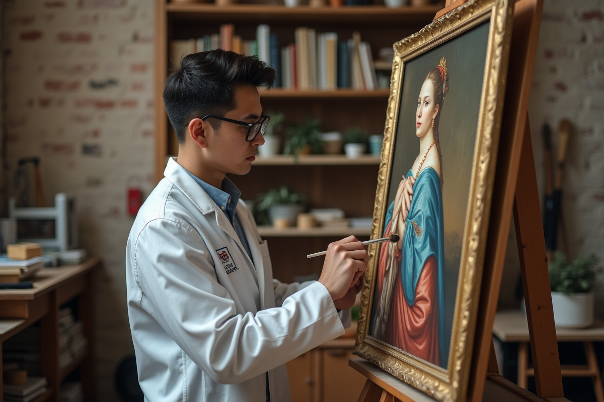 Jeune restaurateur travaillant sur une toile dans un studio moderne