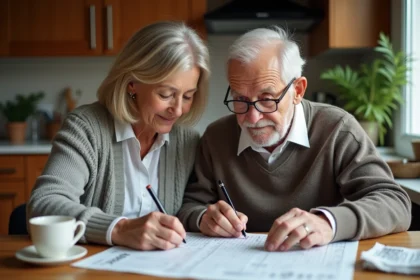 Femme et homme âgé résolvent un crossword à la cuisine