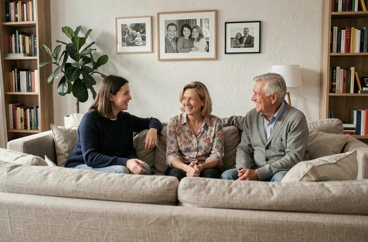 Scène de famille multigénérationnelle réunie dans un salon moderne français, évoquant les liens familiaux