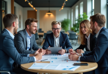 Intelligence artificielle en entreprise : comment booster son efficacité ? Groupe de professionnels en réunion autour d'une tablette avec analytics