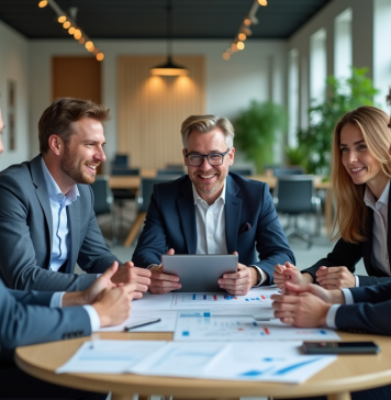 Intelligence artificielle en entreprise : comment booster son efficacité ? Groupe de professionnels en réunion autour d'une tablette avec analytics