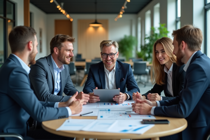 Groupe de professionnels en réunion autour d'une tablette avec analytics