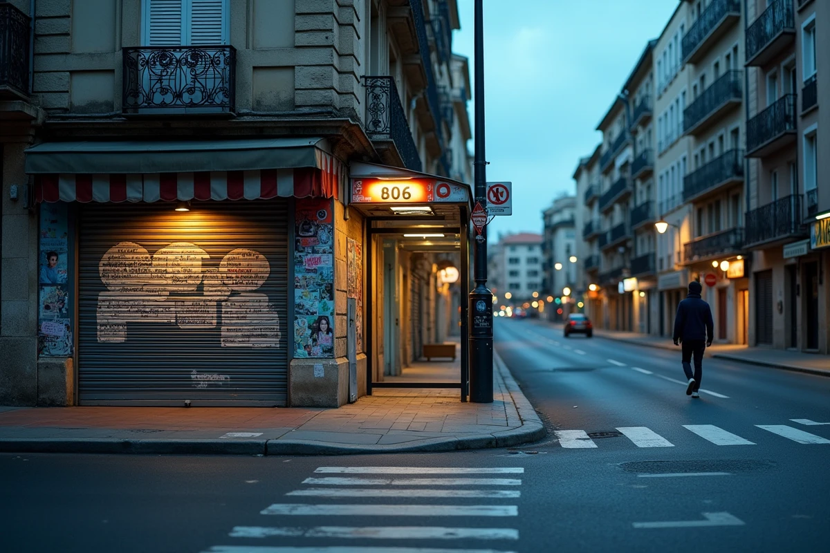 Rue déserte d'un quartier sensible de Marseille au crépuscule, commerces fermés et tags sur les façades