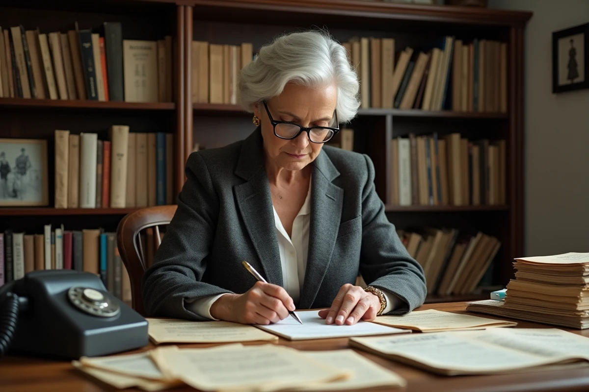 Femme d'âge mûr consultant des documents d'époque de l'industrie de la mode dans un bureau historique, évoquant l'histoire vraie de Ruth Finley