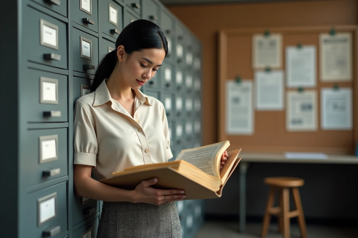 Femme tenant un dossier d'archives dans une salle de classement vintage, illustrant la recherche historique autour de Ruth Finley et le Fashion Calendar