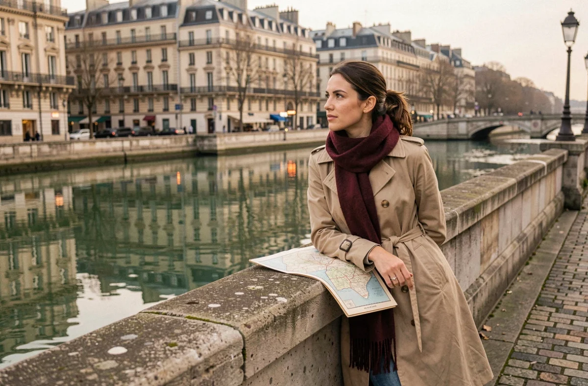 Femme observant la Seine depuis un pont parisien en pierre avec carte dépliée, Paris