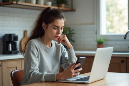 Femme consultant le service client Uber Eats sur smartphone dans une cuisine parisienne