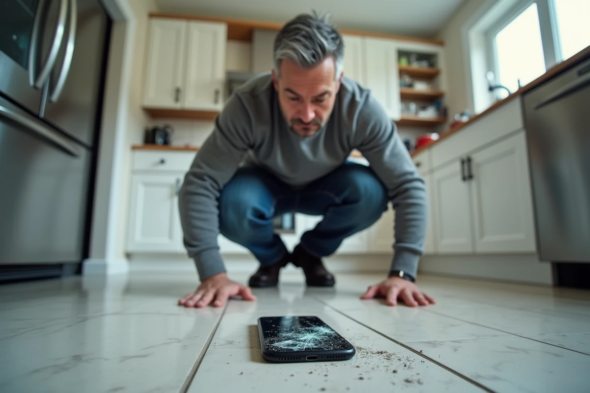 Homme examinant un smartphone cassé sur le sol d'une cuisine, victime d'un sinistre couvert par l'assurance Chubb SFR