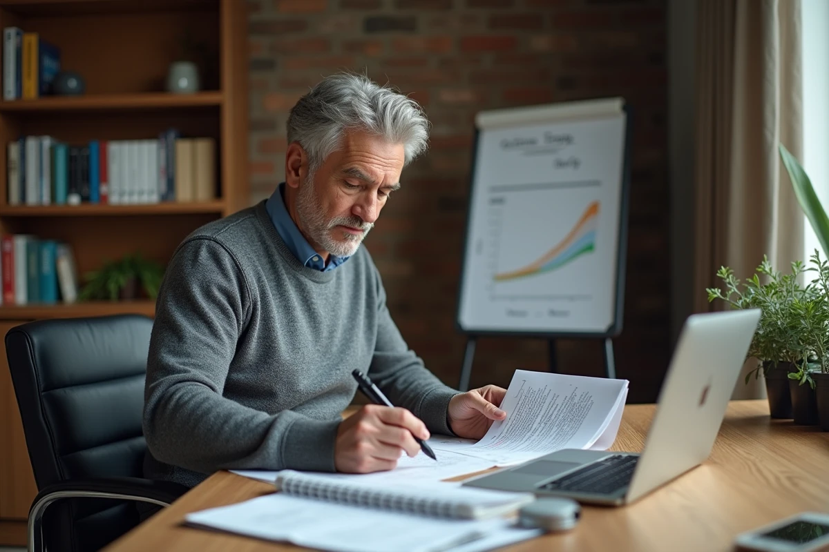 Directeur développement durable annotant un document de stratégie co-valence énergie dans un bureau privé avec données de performance carbone
