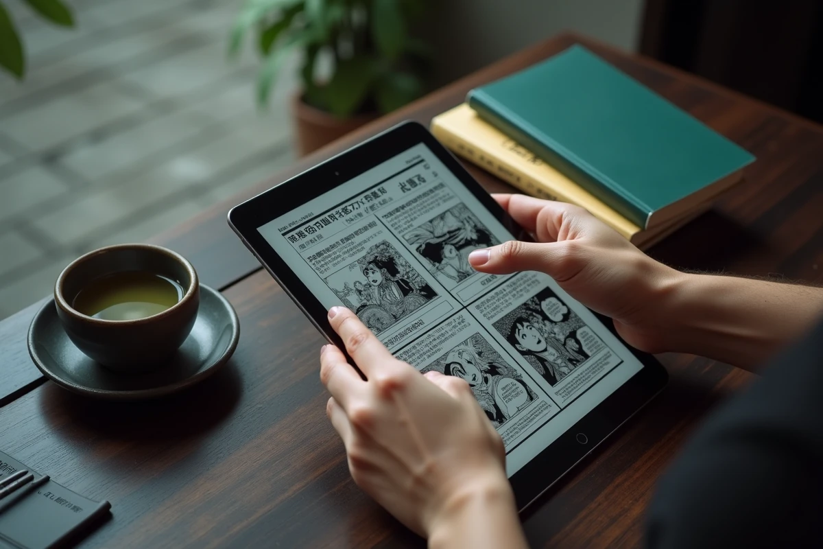 Gros plan de mains utilisant une tablette pour lire des scans manga avec des volumes physiques et une tasse de thé vert posés sur une table en bois