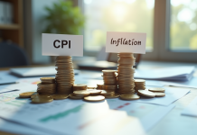 Deux tas de pièces avec CPI et Inflation sur une table lumineuse