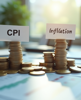 Deux tas de pièces avec CPI et Inflation sur une table lumineuse
