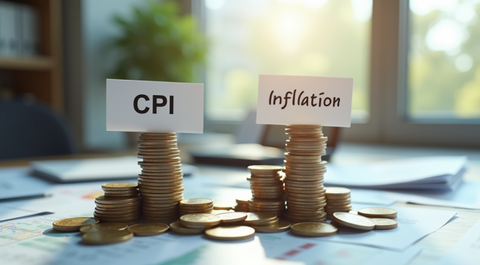 Deux tas de pièces avec CPI et Inflation sur une table lumineuse