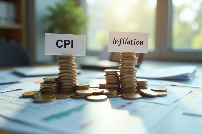 tas-de-monnaie-inflation-cpi Deux tas de pièces avec CPI et Inflation sur une table lumineuse
