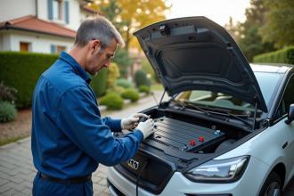 Technicien connectant une batterie de voiture électrique dans une allée