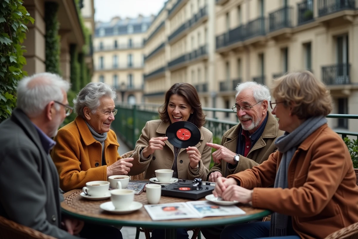 Groupe intergénérationnel sur une terrasse parisienne découvrant des vinyles de chansons françaises des années 60