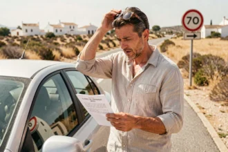 Touriste français examinant une amende de circulation espagnole au bord d'une route en Espagne