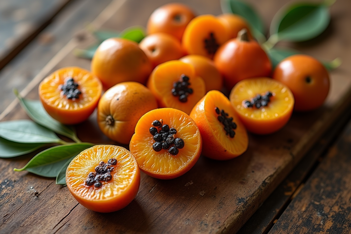Tranches de jambolan et jamun sur une table en bois rustique