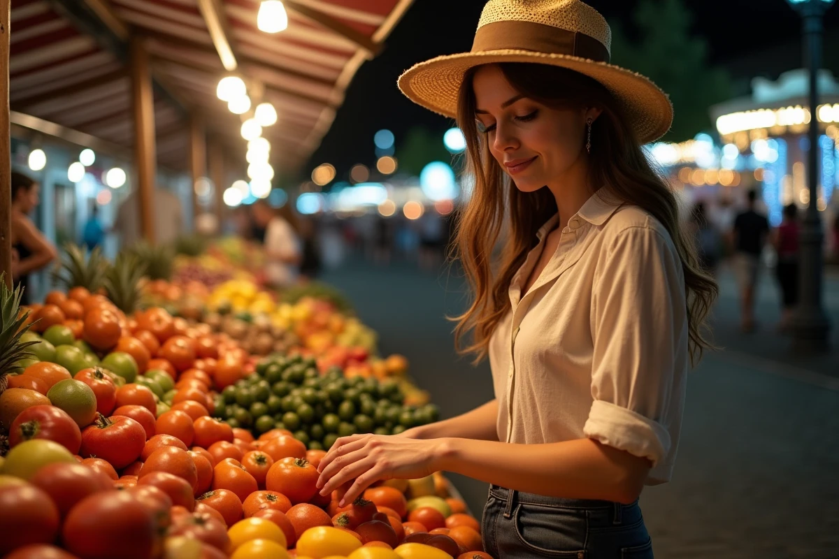 Jeune vendeuse arrangeant des produits au marché