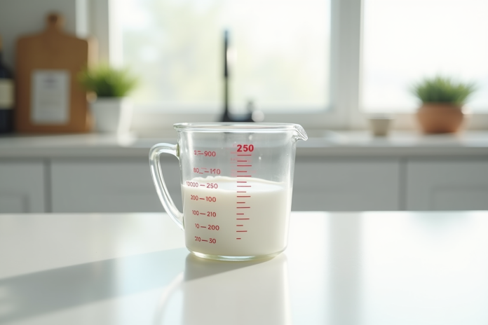 verre-mesure-250ml-cuisine Verre mesure 250 ml sur plan de travail blanc lumineux