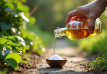 Main versant du vinaigre sur un chemin de jardin avec mauvaises herbes