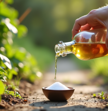 L’utilisation du vinaigre et du sel pour un jardin sans mauvaises herbes Main versant du vinaigre sur un chemin de jardin avec mauvaises herbes