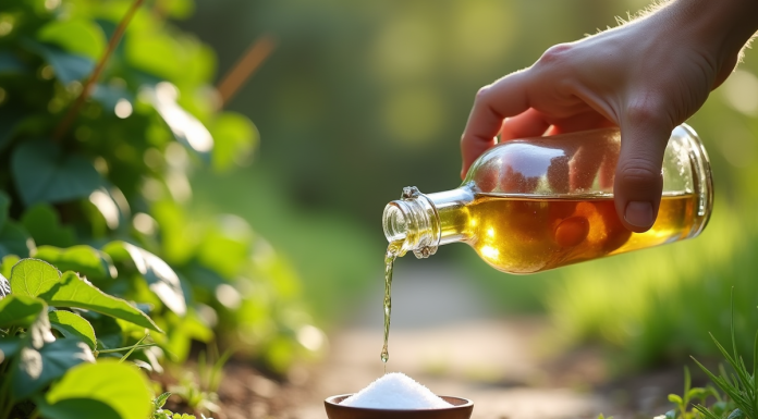 Main versant du vinaigre sur un chemin de jardin avec mauvaises herbes