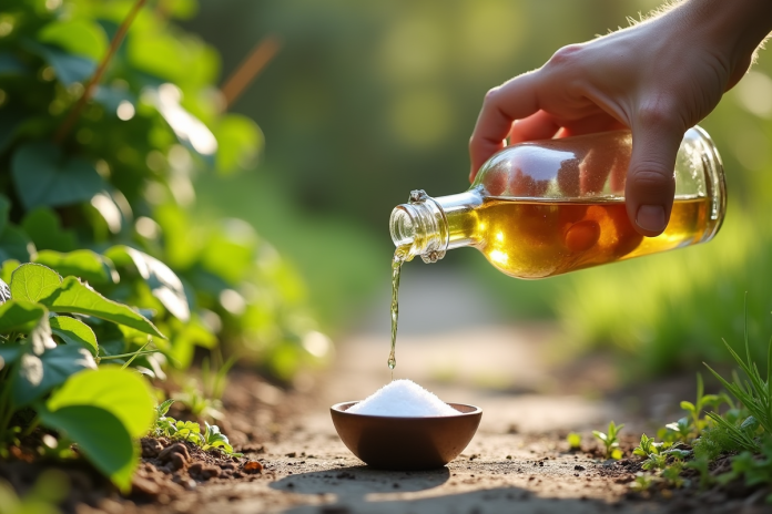 vinaigre-jardin-weed-control Main versant du vinaigre sur un chemin de jardin avec mauvaises herbes