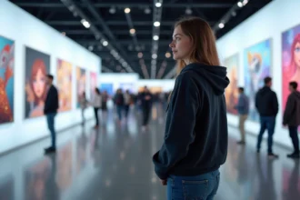 Visiteuse admirant les illustrations de l'exposition Arcane à Montpellier dans une salle de convention animée