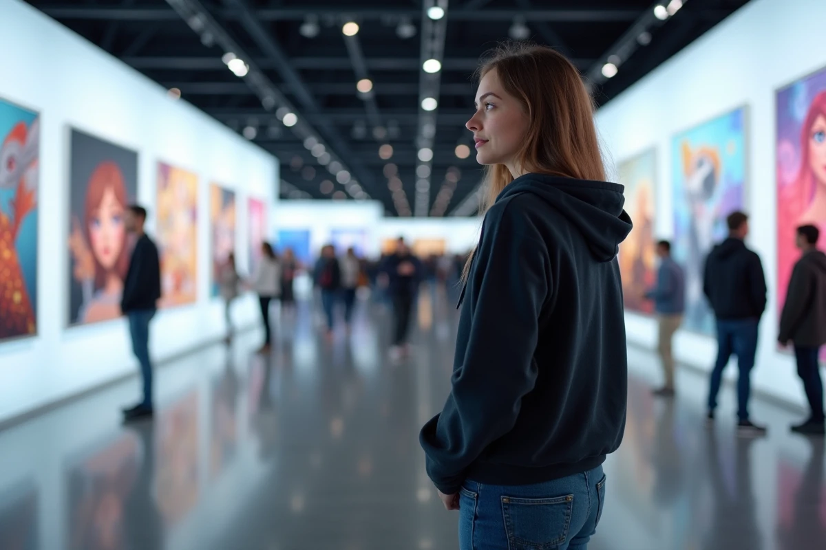 Visiteuse admirant les illustrations de l'exposition Arcane à Montpellier dans une salle de convention animée