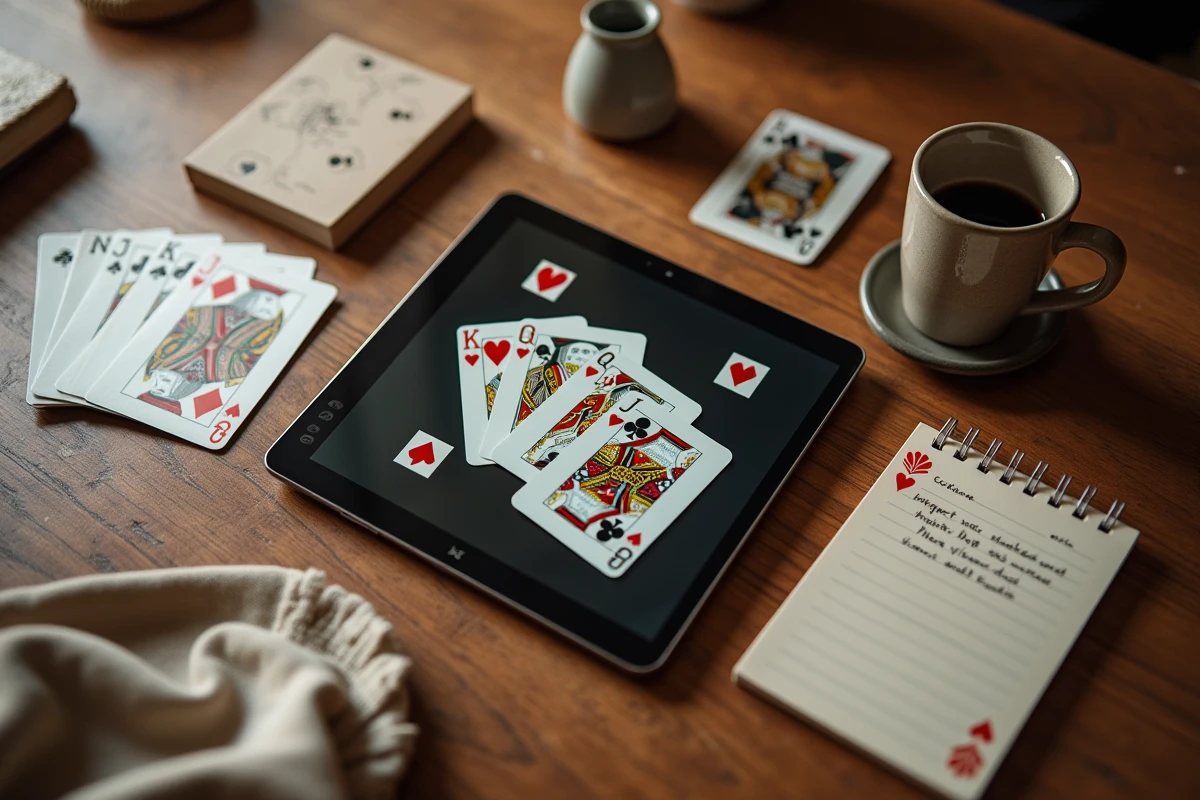 Vue aérienne d'une tablette affichant un jeu de belote en ligne entourée de cartes à jouer sur une table en bois